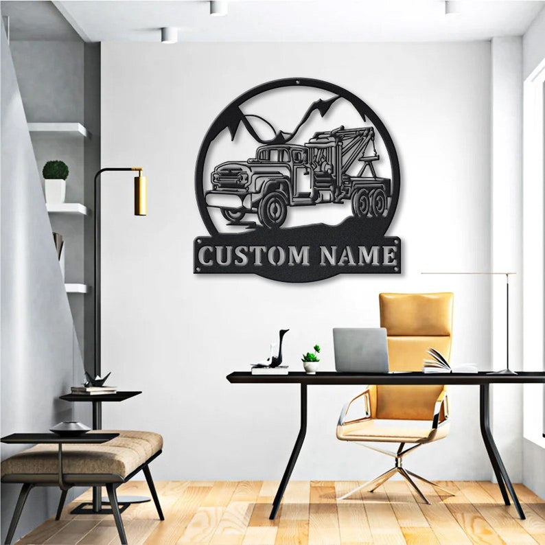 Personalized Tow Truck Monogram Metal Sign Art Custom Tow Truck Metal Wall Art Housewarming Outdoor Metal Sign , Job Gift