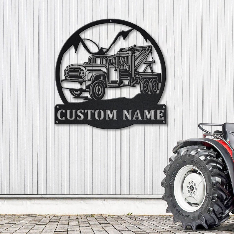 Personalized Tow Truck Monogram Metal Sign Art Custom Tow Truck Metal Wall Art Housewarming Outdoor Metal Sign , Job Gift