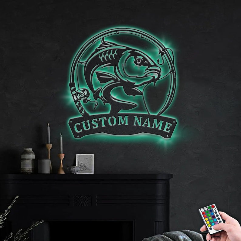 Personalized Carp Fishing Fish Pole Monogram Metal Sign WITH LED/WITHOUT LED Lights Custom Carp Fishing Metal Sign Fishing Gifts