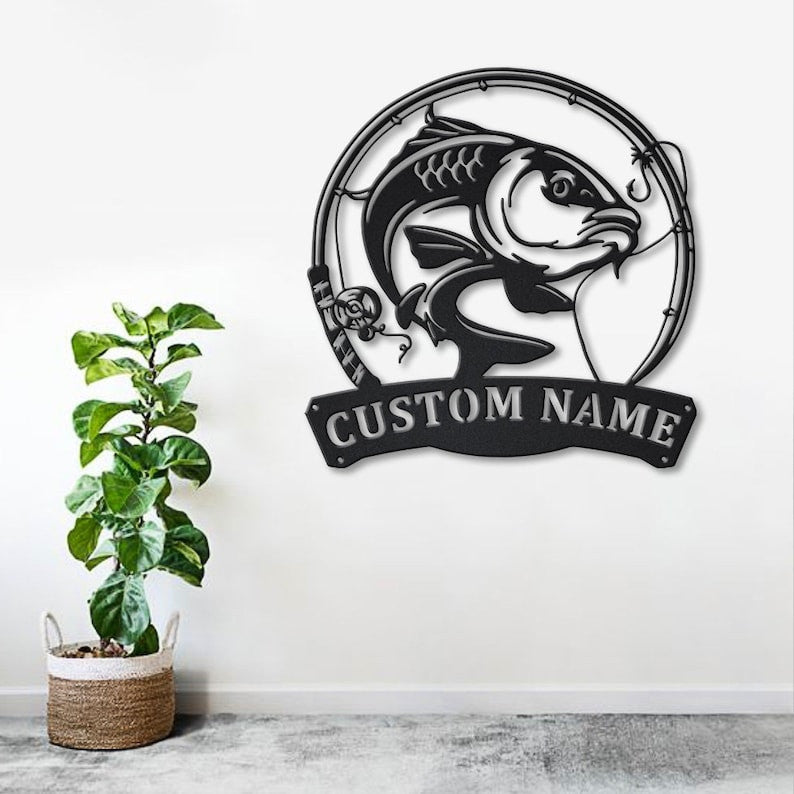Personalized Carp Fishing Fish Pole Monogram Metal Sign WITH LED/WITHOUT LED Lights Custom Carp Fishing Metal Sign Fishing Gifts