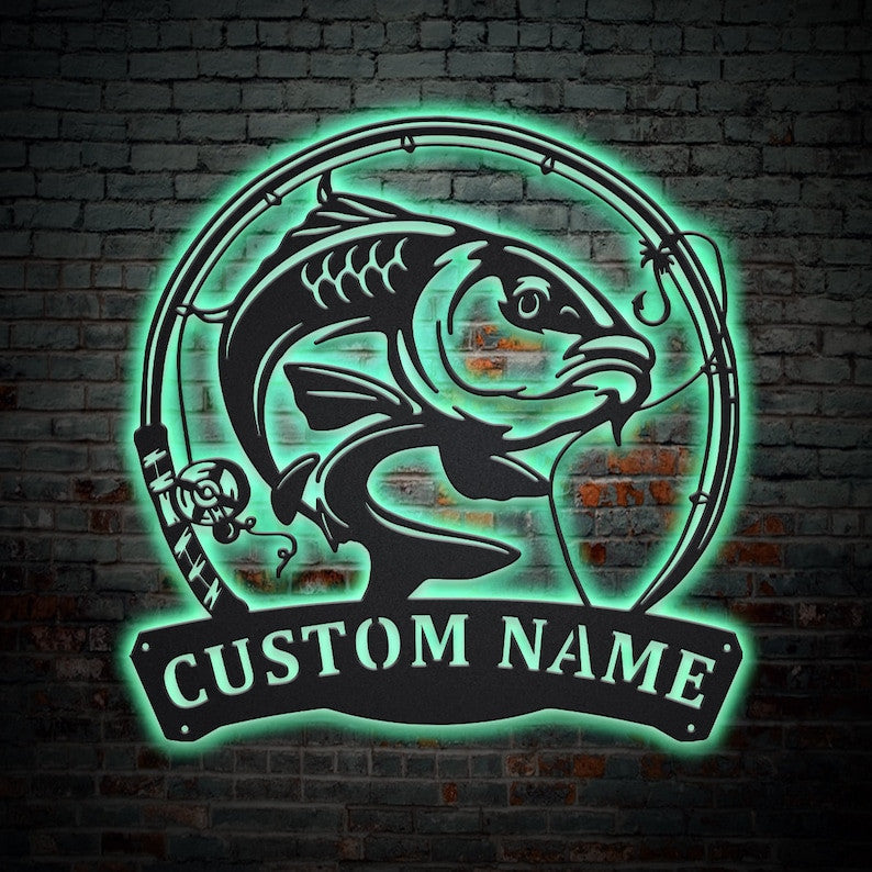 Personalized Carp Fishing Fish Pole Monogram Metal Sign WITH LED/WITHOUT LED Lights Custom Carp Fishing Metal Sign Fishing Gifts