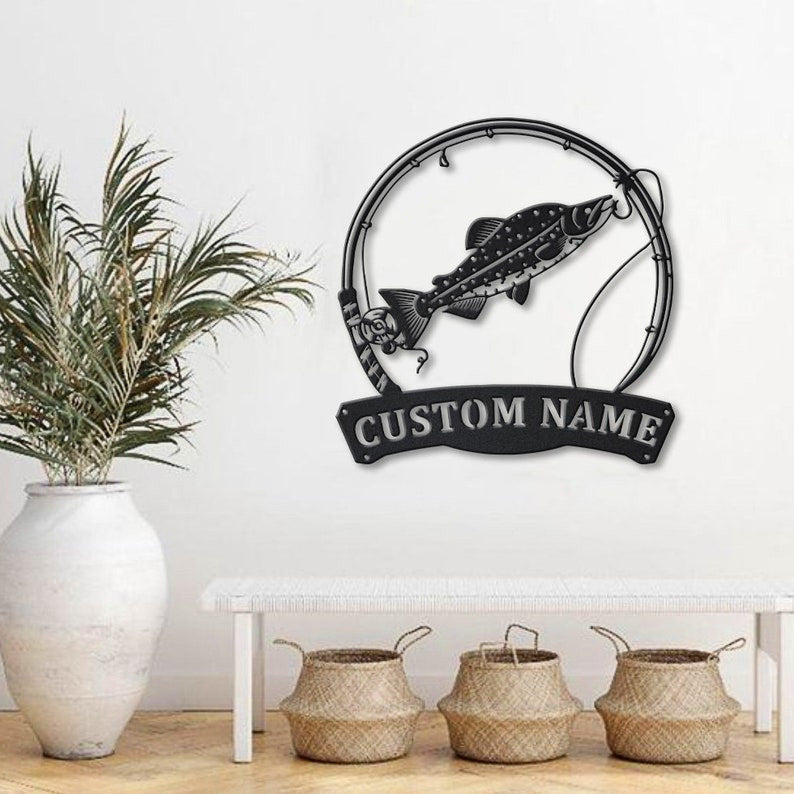 Personalized Alaska Salmon Fishing Fish Pole Metal Sign Art Custom Alaska Salmon Fishing Metal Sign , Lover Sign Decoration For Living Room
