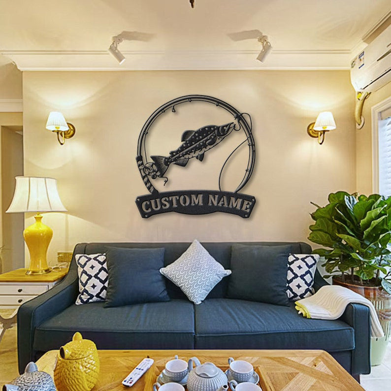 Personalized Alaska Salmon Fishing Fish Pole Metal Sign Art Custom Alaska Salmon Fishing Metal Sign , Lover Sign Decoration For Living Room