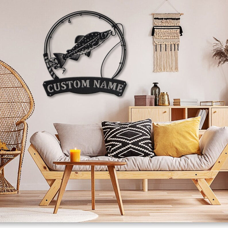 Personalized Alaska Salmon Fishing Fish Pole Metal Sign Art Custom Alaska Salmon Fishing Metal Sign , Lover Sign Decoration For Living Room