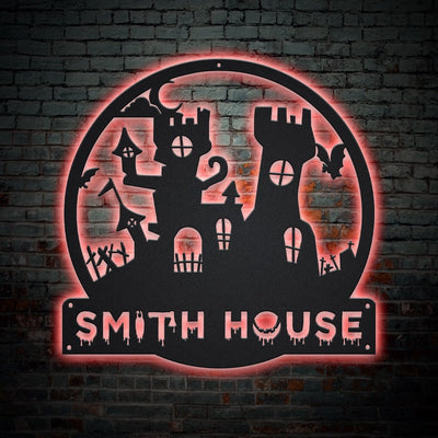 Personalized Halloween Castle House Metal Sign WITH LED/WITHOUT LED Lights v3 Custom Halloween Family Metal Sign Custom Halloween Home Decor