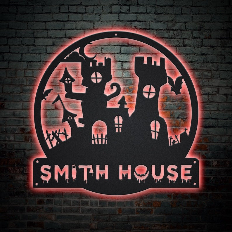 Personalized Halloween Castle House Metal Sign WITH LED/WITHOUT LED Lights v3 Custom Halloween Family Metal Sign Custom Halloween Home Decor