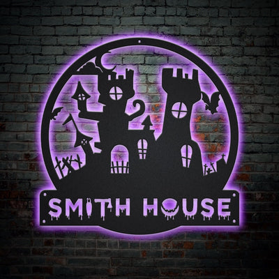 Personalized Halloween Castle House Metal Sign WITH LED/WITHOUT LED Lights v3 Custom Halloween Family Metal Sign Custom Halloween Home Decor