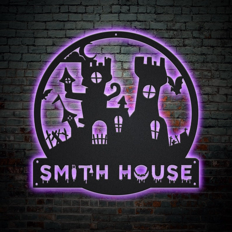 Personalized Halloween Castle House Metal Sign WITH LED/WITHOUT LED Lights v3 Custom Halloween Family Metal Sign Custom Halloween Home Decor
