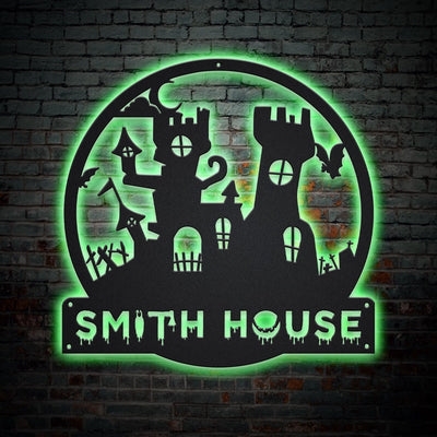 Personalized Halloween Castle House Metal Sign WITH LED/WITHOUT LED Lights v3 Custom Halloween Family Metal Sign Custom Halloween Home Decor