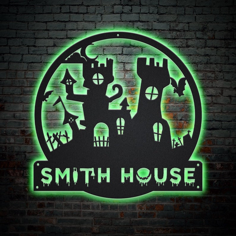 Personalized Halloween Castle House Metal Sign WITH LED/WITHOUT LED Lights v3 Custom Halloween Family Metal Sign Custom Halloween Home Decor