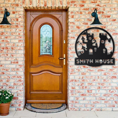 Personalized Halloween Castle House Metal Sign WITH LED/WITHOUT LED Lights v3 Custom Halloween Family Metal Sign Custom Halloween Home Decor