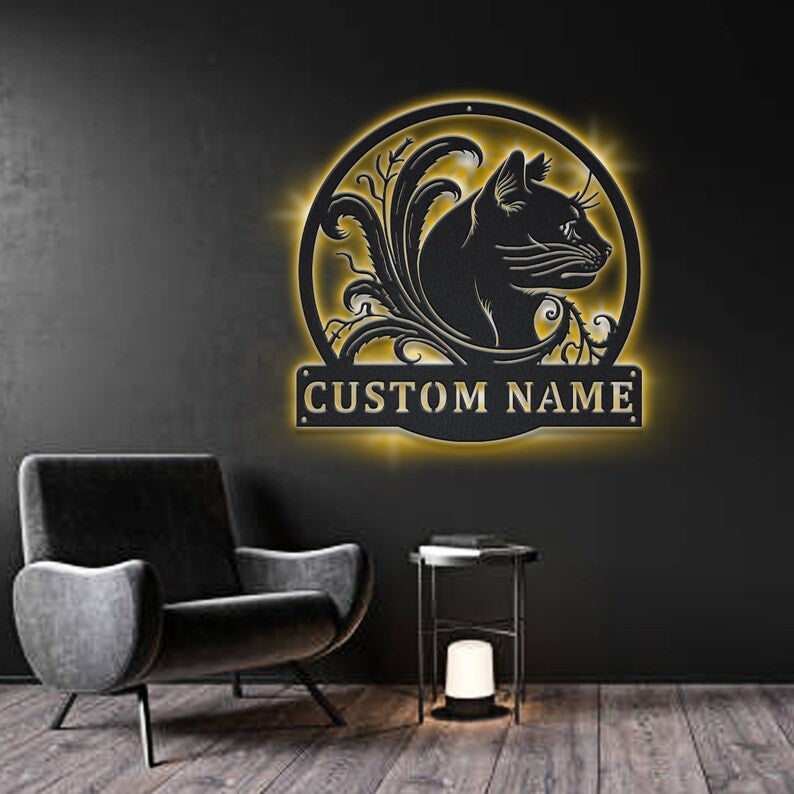 Personalized Black Cat Floral Monogram Metal Sign WITH LED/WITHOUT LED Lights Custom Cat Metal Sign Cat Gifts Birthday Gift Cat Sign