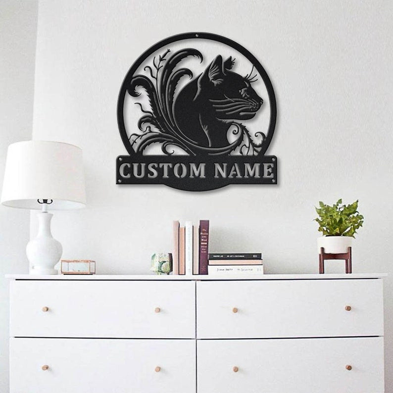 Personalized Black Cat Floral Monogram Metal Sign WITH LED/WITHOUT LED Lights Custom Cat Metal Sign Cat Gifts Birthday Gift Cat Sign