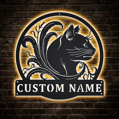 Personalized Black Cat Floral Monogram Metal Sign WITH LED/WITHOUT LED Lights Custom Cat Metal Sign Cat Gifts Birthday Gift Cat Sign