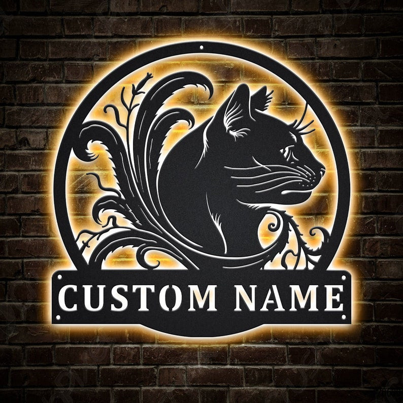 Personalized Black Cat Floral Monogram Metal Sign WITH LED/WITHOUT LED Lights Custom Cat Metal Sign Cat Gifts Birthday Gift Cat Sign