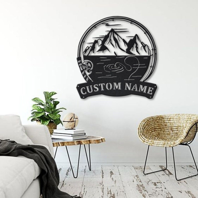 Personalized Mountains Fishing Fish Pole Monogram Metal Sign Art Mountains Fishing Metal Sign Fishing Lover Sign Decoration For Living Room
