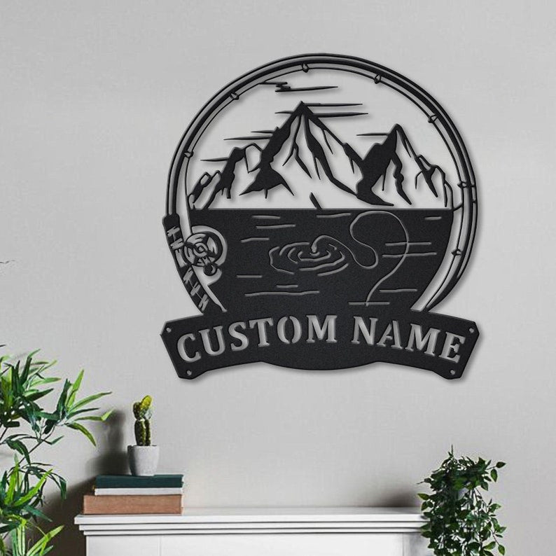 Personalized Mountains Fishing Fish Pole Monogram Metal Sign Art Mountains Fishing Metal Sign Fishing Lover Sign Decoration For Living Room
