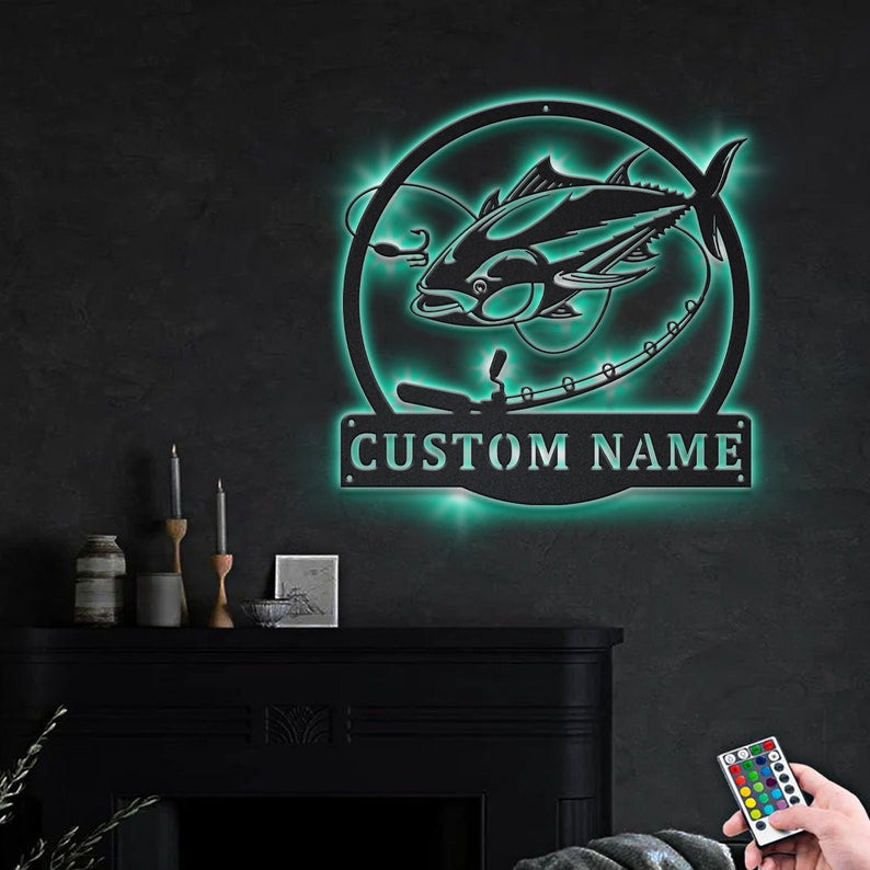 Personalized Tuna Fishing Fish Pole Monogram Metal Sign WITH LED/WITHOUT LED Lights Custom Tuna Fishing Metal Sign Fishing Gifts