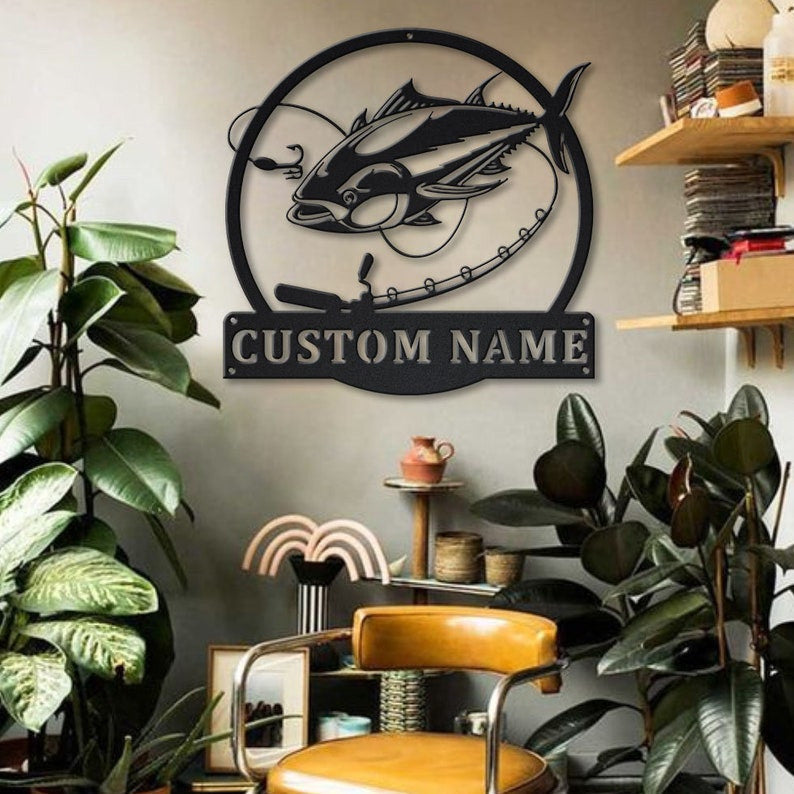 Personalized Tuna Fishing Fish Pole Monogram Metal Sign WITH LED/WITHOUT LED Lights Custom Tuna Fishing Metal Sign Fishing Gifts
