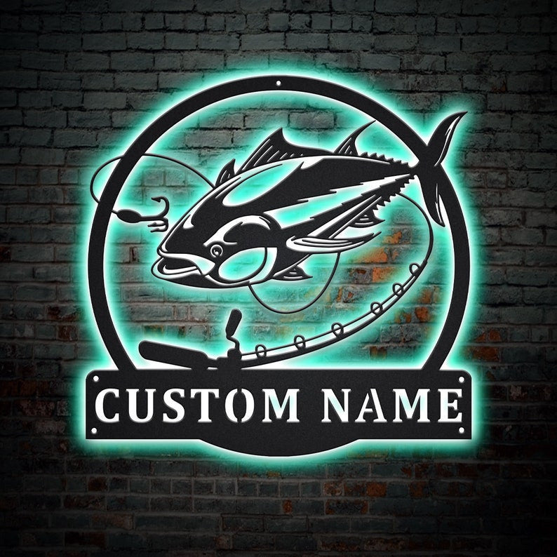 Personalized Tuna Fishing Fish Pole Monogram Metal Sign WITH LED/WITHOUT LED Lights Custom Tuna Fishing Metal Sign Fishing Gifts