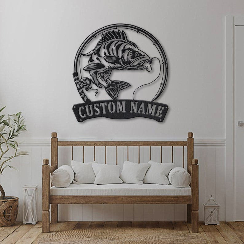 Personalized Perch Fishing Fish Pole Metal Sign Art Custom Perch Fishing Metal Sign Perch Fishing Gifts for Men Perch Fishing Gift