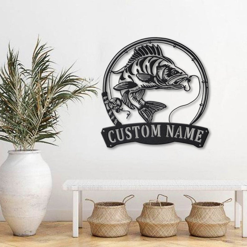 Personalized Perch Fishing Fish Pole Metal Sign Art Custom Perch Fishing Metal Sign Perch Fishing Gifts for Men Perch Fishing Gift