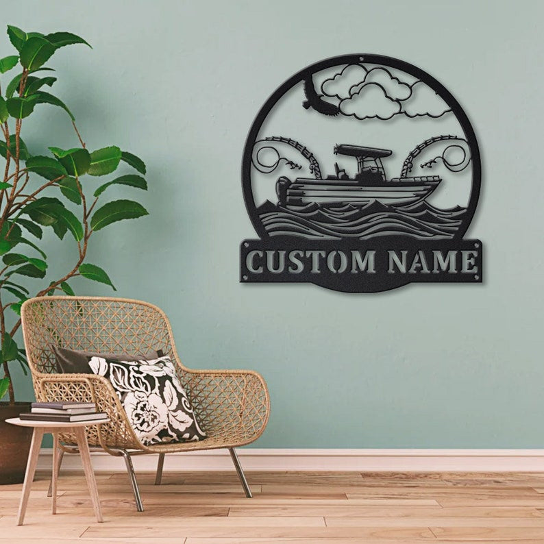 Personalized Fishing Boat Monogram Metal Sign Art Custom Fishing Boat Metal Sign Fishing Lover Sign Decoration For Living Room