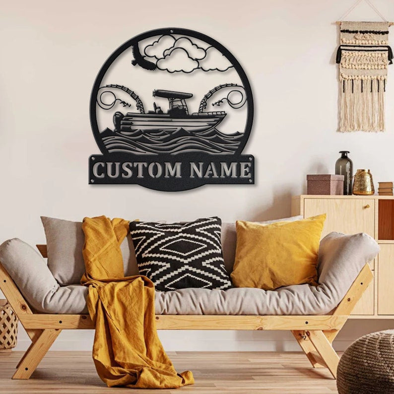Personalized Fishing Boat Monogram Metal Sign Art Custom Fishing Boat Metal Sign Fishing Lover Sign Decoration For Living Room