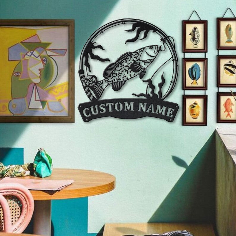 Personalized Grouper Fishing Fish Pole Monogram Metal Sign WITH LED/WITHOUT LED Lights Custom Grouper Fishing Metal Sign Fishing Gifts