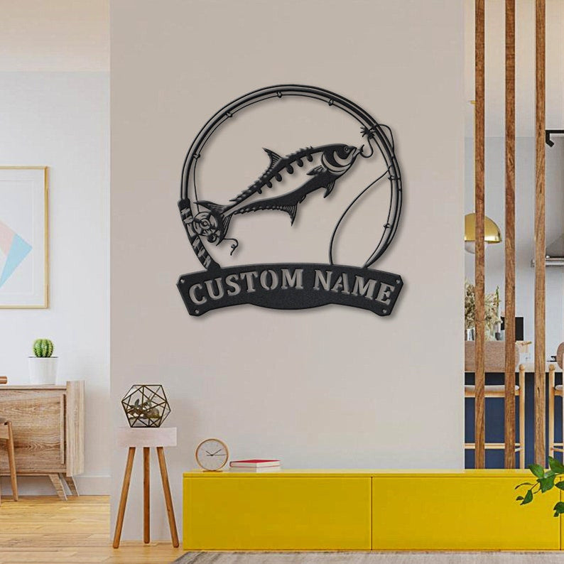 Personalized Queen Fishing Fish Pole Monogram Metal Sign Art , Custom Queen Fish Metal Sign, Fishing Lover Sign Decoration For Living Room