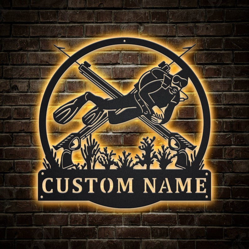 Personalized Spearfishing Sport Metal Sign WITH LED/WITHOUT LED Lights Custom Spearfishing Sport Metal Sign Spearfishing Sport Custom Home Decor