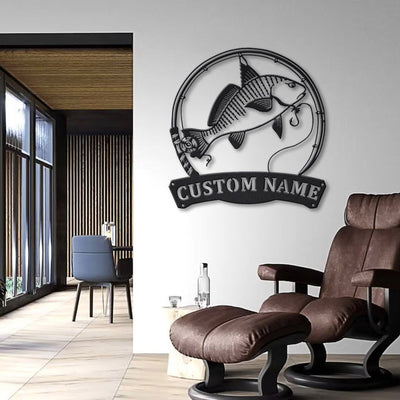 Personalized Atlantic Croaker Fish Pole Monogram Metal Sign Art Atlantic Croaker Metal Sign Fishing Lover Sign Decoration For Living Room