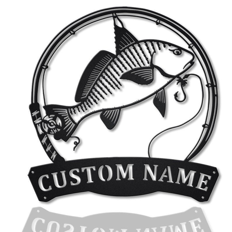Personalized Atlantic Croaker Fish Pole Monogram Metal Sign Art Atlantic Croaker Metal Sign Fishing Lover Sign Decoration For Living Room