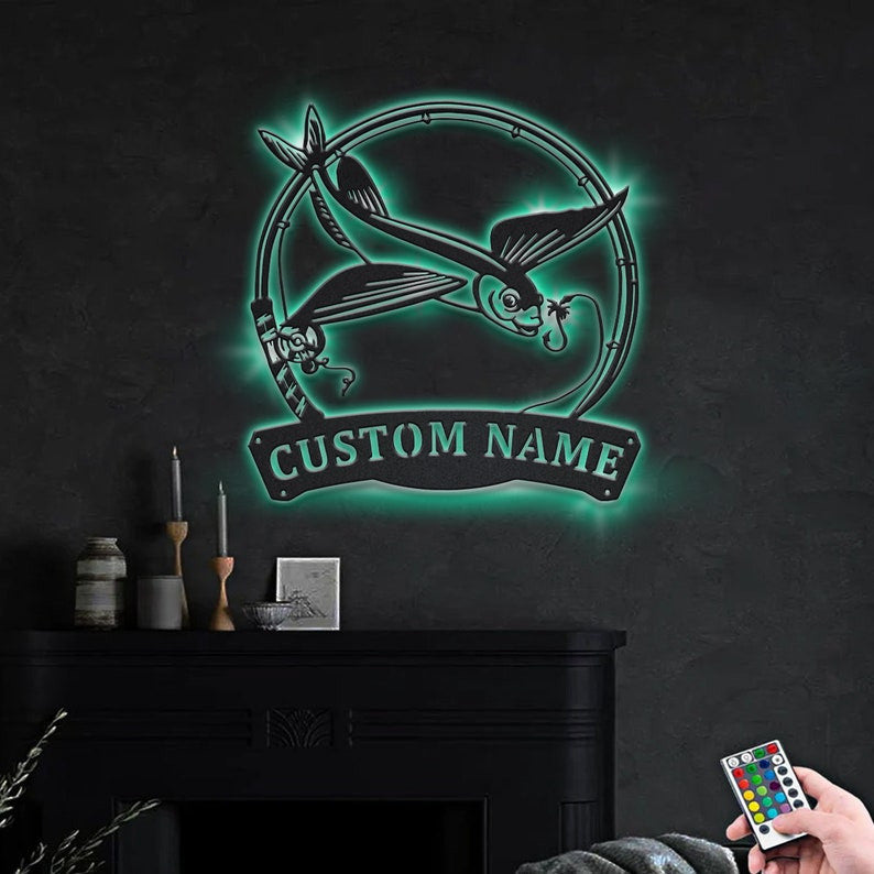 Personalized Flying Fishing Fish Pole Metal Sign WITH LED/WITHOUT LED Lights Custom Flying Fish Metal Sign Hobbie Gifts Flying Fish Sign