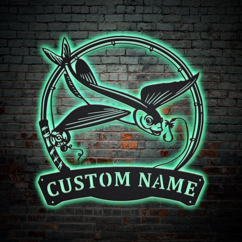 Personalized Flying Fishing Fish Pole Metal Sign WITH LED/WITHOUT LED Lights Custom Flying Fish Metal Sign Hobbie Gifts Flying Fish Sign