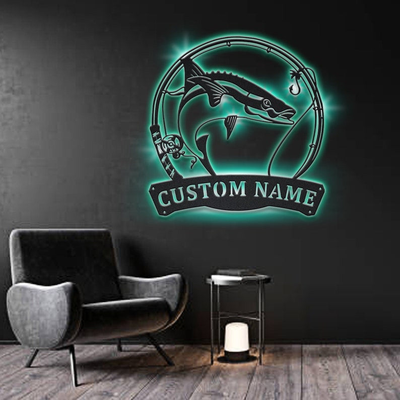 Personalized Cobia Fishing Fish Pole Metal Sign WITH LED/WITHOUT LED Lights Custom Cobia Metal Sign Hobbie Gifts Cobia Fishing Sign