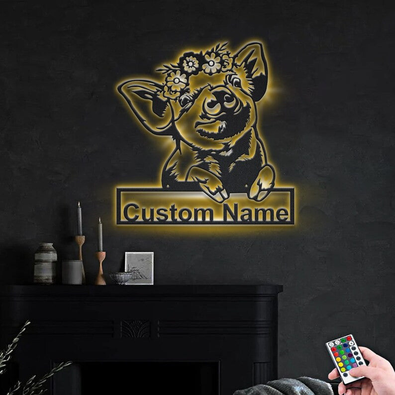 Personalized Floral Piggy Metal Sign WITH LED/WITHOUT LED Lights Custom Floral Piggy Sign Birthday Gift Floral Piggy Sign