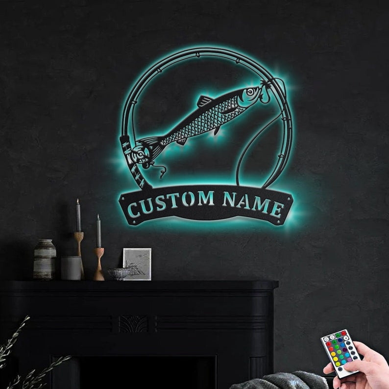 Personalized Herring Fishing Fish Pole Monogram Metal Sign WITH LED/WITHOUT LED Lights Custom Herring Fishing Metal Sign Fishing Gifts
