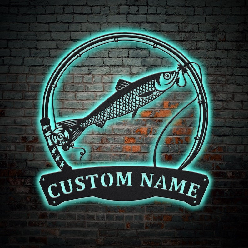 Personalized Herring Fishing Fish Pole Monogram Metal Sign WITH LED/WITHOUT LED Lights Custom Herring Fishing Metal Sign Fishing Gifts