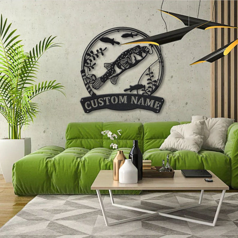 Personalized Puffer Fishing Fish Pole Metal Sign Art Custom Puffer Fishing Fishing Metal Sign Puffer Fishing Gift