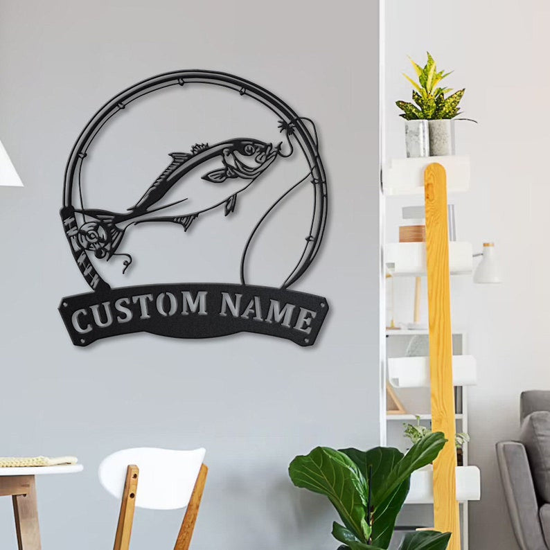 Personalized Amberjack Fishing Fish Pole Metal Sign Art Custom Amberjack Fishing Monogram Metal Sign Fishing Gifts Hobbie Gift