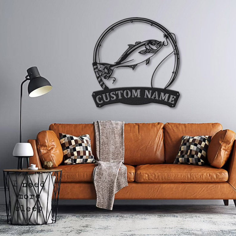 Personalized Amberjack Fishing Fish Pole Metal Sign Art Custom Amberjack Fishing Monogram Metal Sign Fishing Gifts Hobbie Gift