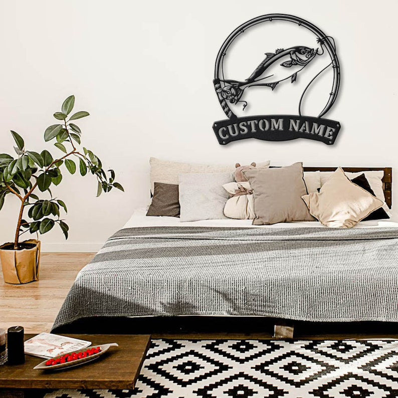 Personalized Amberjack Fishing Fish Pole Metal Sign Art Custom Amberjack Fishing Monogram Metal Sign Fishing Gifts Hobbie Gift