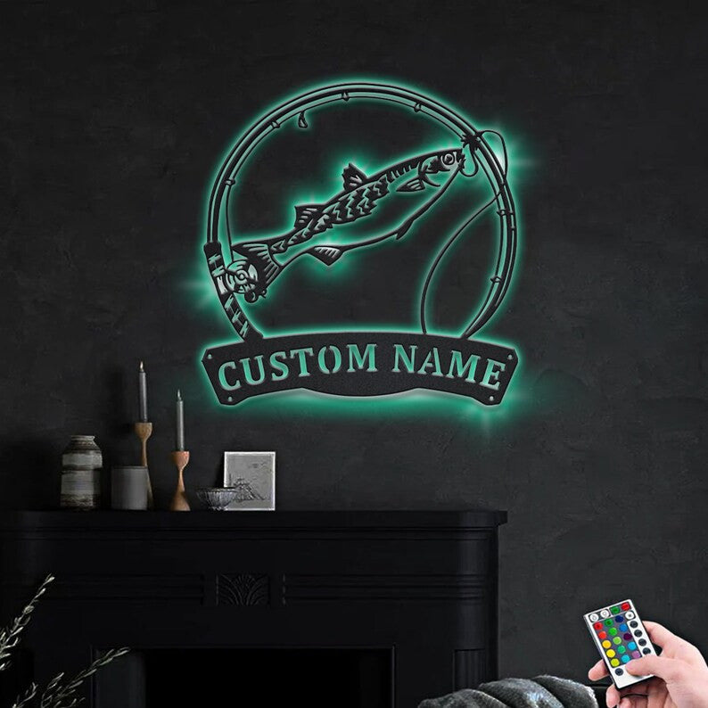 Personalized Mullet Fishing Fish Pole Monogram Metal Sign WITH LED/WITHOUT LED Lights Custom Mullet Fish Metal Sign Hobbie Gifts Mullet Fish Sign
