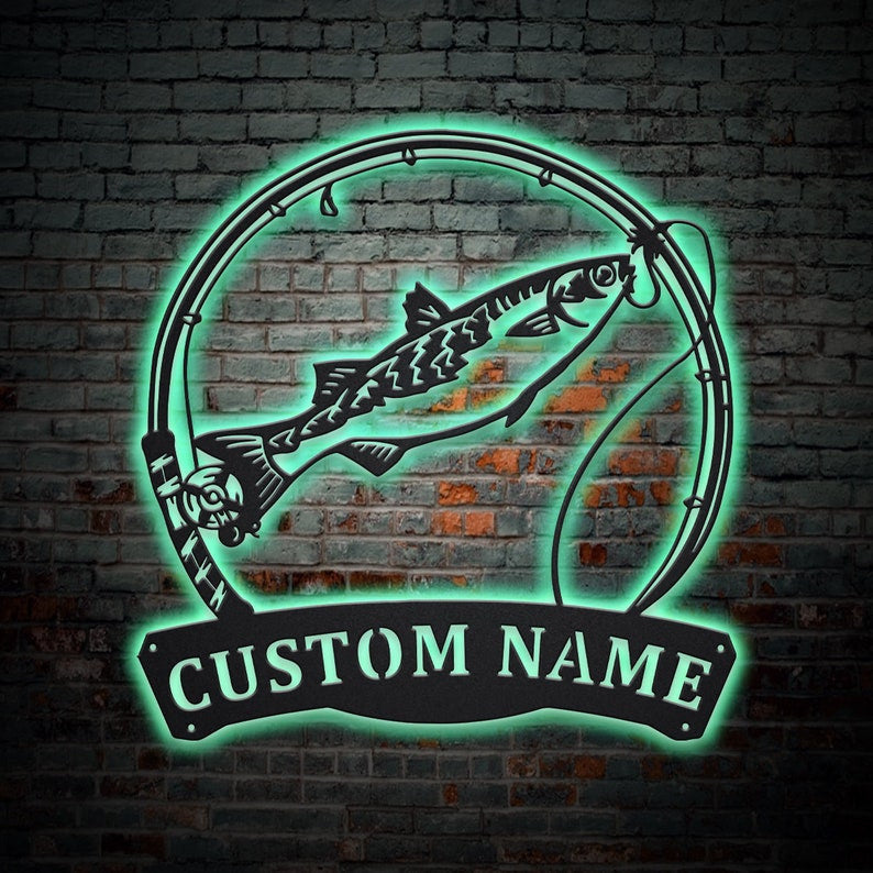 Personalized Mullet Fishing Fish Pole Monogram Metal Sign WITH LED/WITHOUT LED Lights Custom Mullet Fish Metal Sign Hobbie Gifts Mullet Fish Sign