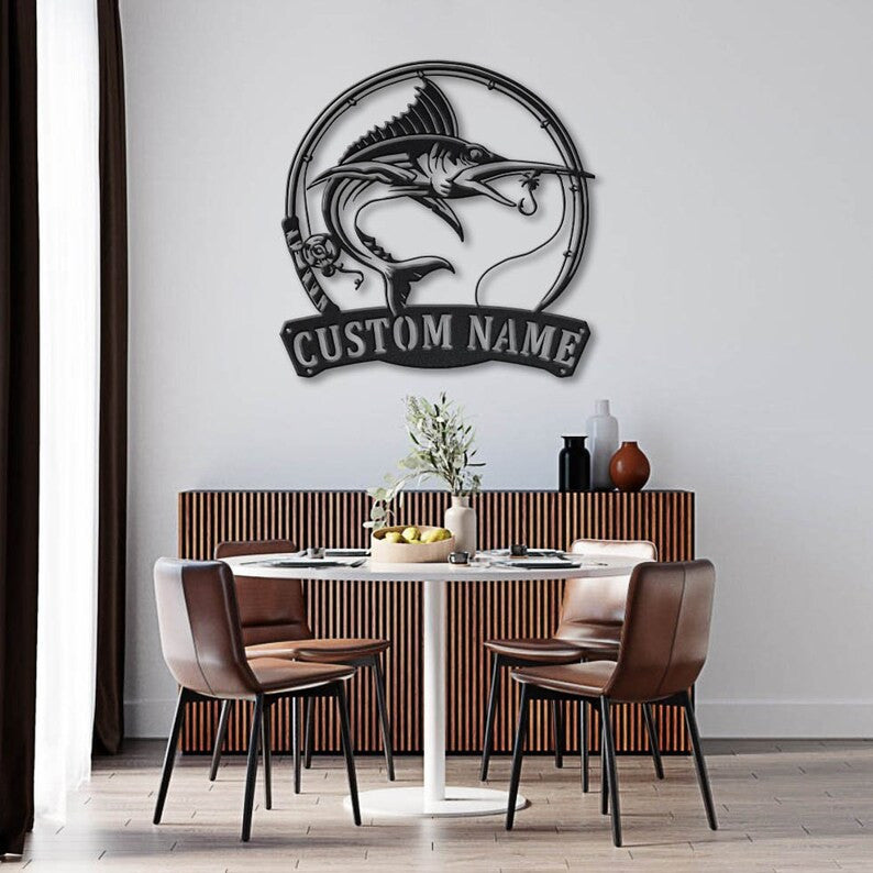 Personalized Marlin Fishing Fish Pole Metal Sign Art Custom Marlin Fishing Metal Sign Marlin Fishing Gifts for Men Marlin Fishing Gift