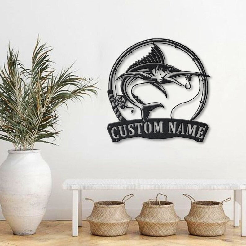 Personalized Marlin Fishing Fish Pole Metal Sign Art Custom Marlin Fishing Metal Sign Marlin Fishing Gifts for Men Marlin Fishing Gift