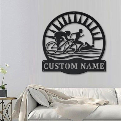 Personalized Triathlon Monogram Metal Sign Art Custom Triathlon Sport Metal Sign Hobbie Gifts Sport Gift Birthday Gift
