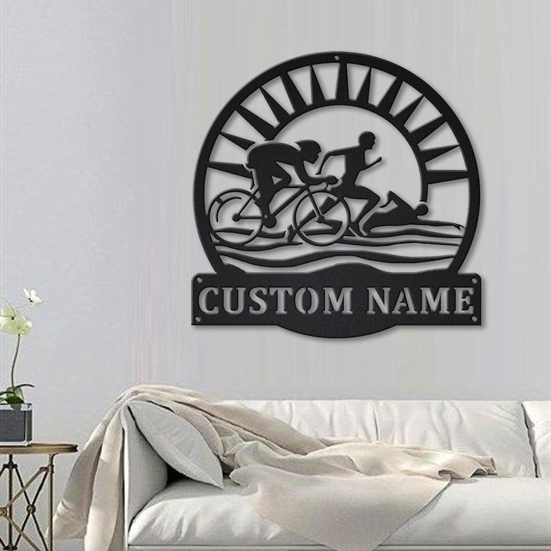 Personalized Triathlon Monogram Metal Sign Art Custom Triathlon Sport Metal Sign Hobbie Gifts Sport Gift Birthday Gift
