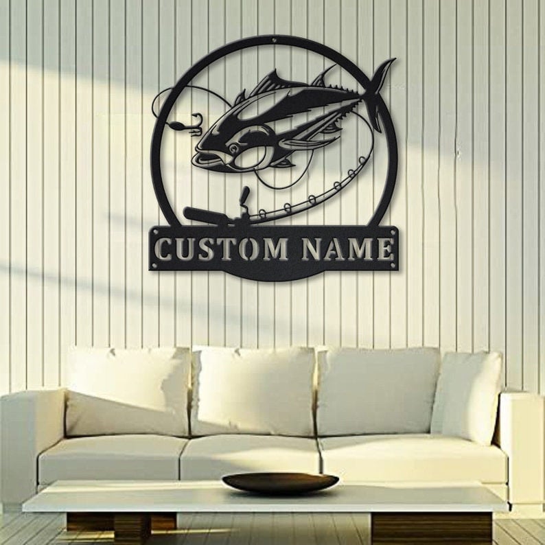 Personalized Tuna Fishing Fish Pole Metal Sign Art Custom Tuna Fishing Metal Sign Tuna Fishing Gifts for Men Tuna Fishing Gift